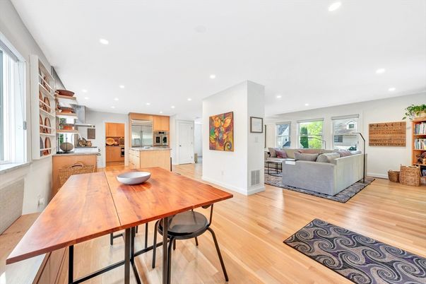 Dining room, Interior, Kitchen, Living room, Recessed Lighting, Stainless Steel Appliances, Wood Texture Flooring