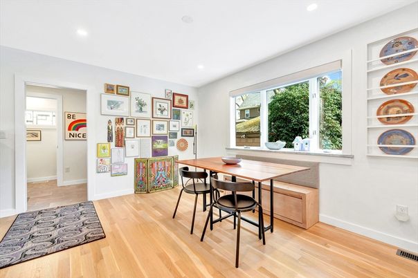 Dining room, Interior, Recessed Lighting, Wood Texture Flooring