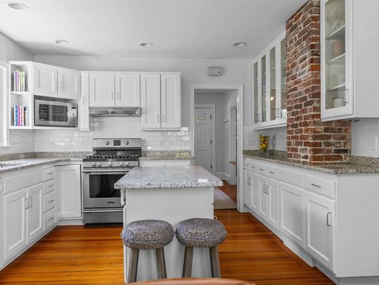 Interior, Kitchen, Recessed Lighting, Stainless Steel Appliances, Stone Walls, Wood Texture Flooring