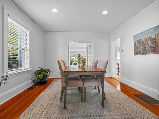 Dining room, Interior, Recessed Lighting, Wood Texture Flooring
