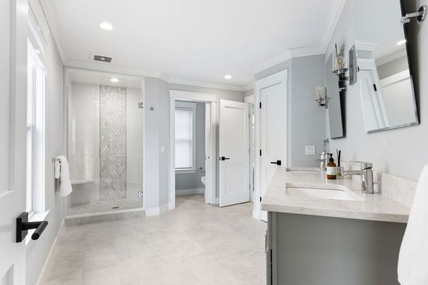 Bathroom, Dual Sink Vanities, Glass Shower, Interior, Recessed Lighting