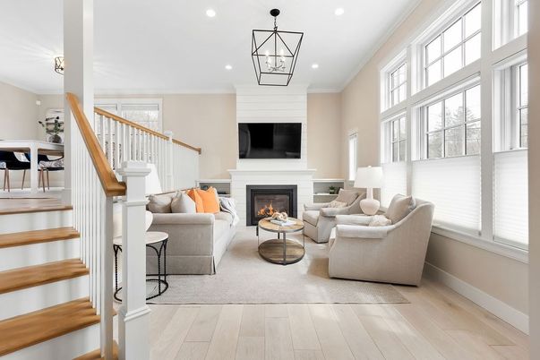 Fireplace, Interior, Living room, Pendant Lights, Recessed Lighting, Wood Texture Flooring