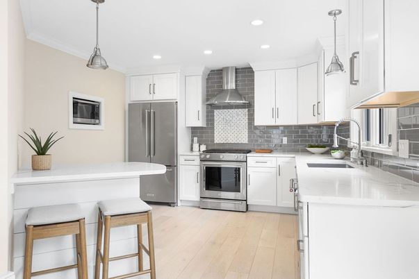 Interior, Kitchen, Pendant Lights, Recessed Lighting, Stainless Steel Appliances, Wood Texture Flooring
