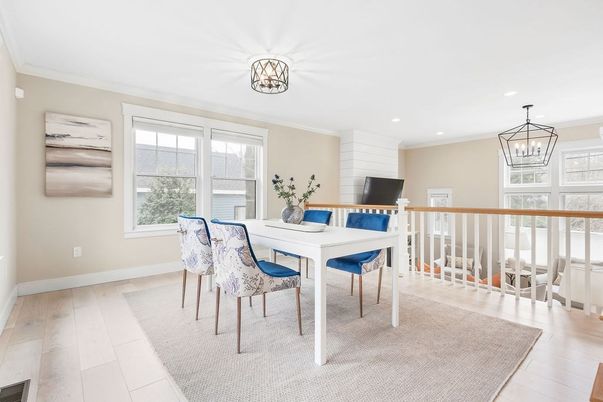 Chandelier, Dining room, Interior, Pendant Lights, Recessed Lighting, Wood Texture Flooring