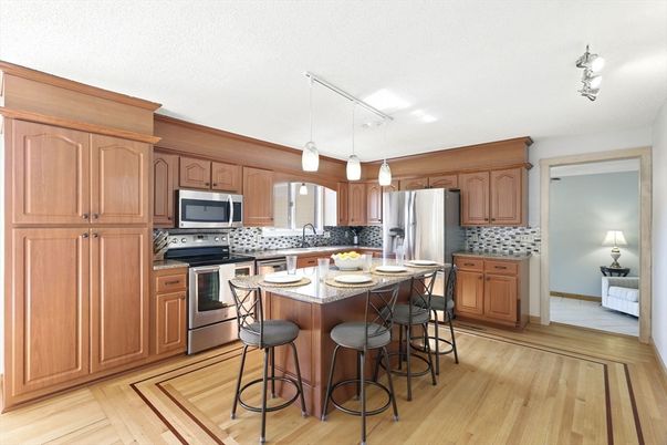 Interior, Kitchen, Pendant Lights, Stainless Steel Appliances, Wood Texture Flooring