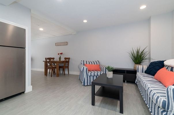 Dining room, Interior, Living room, Recessed Lighting, Wood Texture Flooring