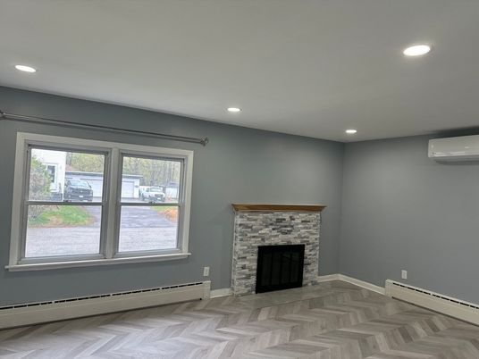 Empty room, Fireplace, Interior, Recessed Lighting, Wood Texture Flooring