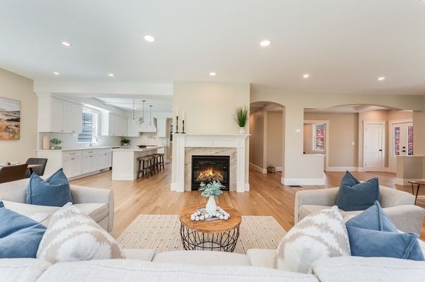 Dining room, Fireplace, Interior, Kitchen, Living room, Pendant Lights, Recessed Lighting, Wood Texture Flooring
