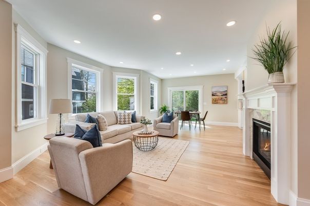 Dining room, Fireplace, Interior, Living room, Recessed Lighting, Wood Texture Flooring