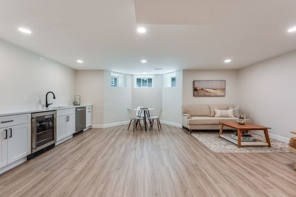 Dining room, Interior, Kitchen, Living room, Recessed Lighting, Wood Texture Flooring