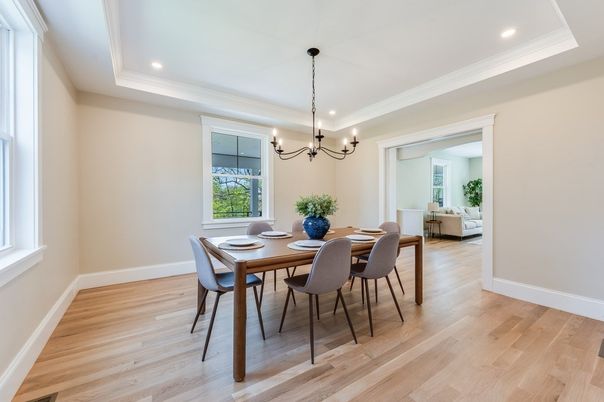 Chandelier, Dining room, Interior, Pendant Lights, Recessed Lighting, Wood Texture Flooring