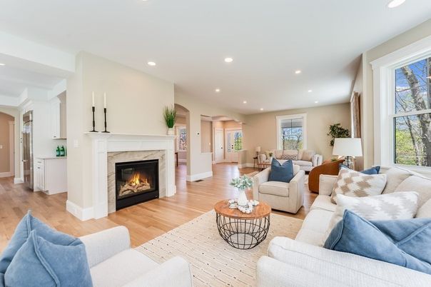 Fireplace, Interior, Living room, Recessed Lighting, Wood Texture Flooring