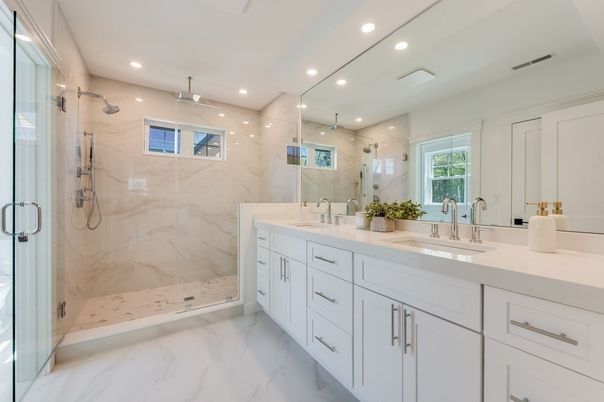 Bathroom, Dual Sink Vanities, Glass Shower, Interior, Marble, Marble Walls, Recessed Lighting