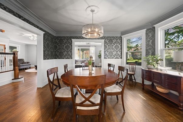 Dining room, Interior, Pendant Lights, Wood Texture Flooring