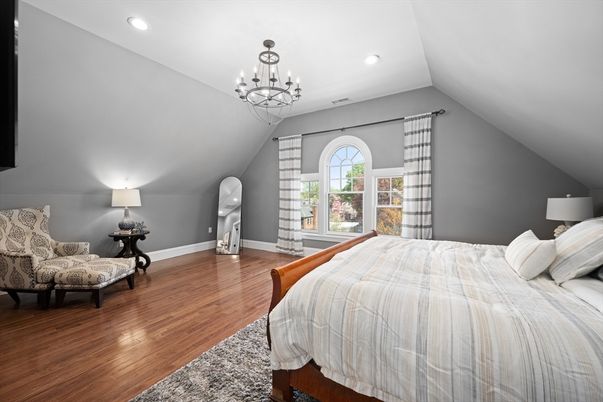 Bedroom, Chandelier, Interior, Pendant Lights, Recessed Lighting, Wood Texture Flooring