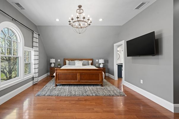 Bedroom, Chandelier, Interior, Recessed Lighting, Wood Texture Flooring