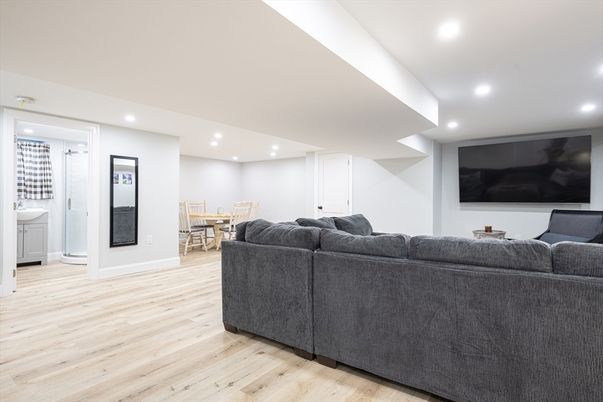 Dining room, Interior, Living room, Recessed Lighting, Wood Texture Flooring