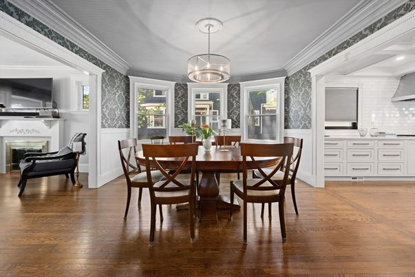 Dining room, Fireplace, Interior, Pendant Lights, Wood Texture Flooring