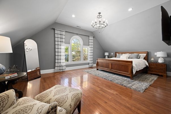 Bedroom, Chandelier, Interior, Recessed Lighting, Wood Texture Flooring