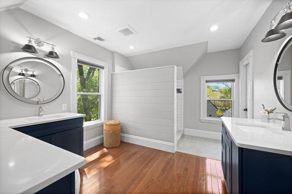 Bathroom, Dual Sink Vanities, Interior, Recessed Lighting, Wood Texture Flooring