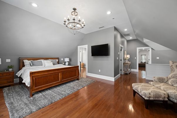 Bedroom, Chandelier, Interior, Recessed Lighting, Wood Texture Flooring