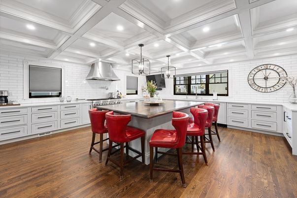 Interior, Kitchen, Pendant Lights, Recessed Lighting, Stainless Steel Appliances, Stone Walls, Wood Texture Flooring