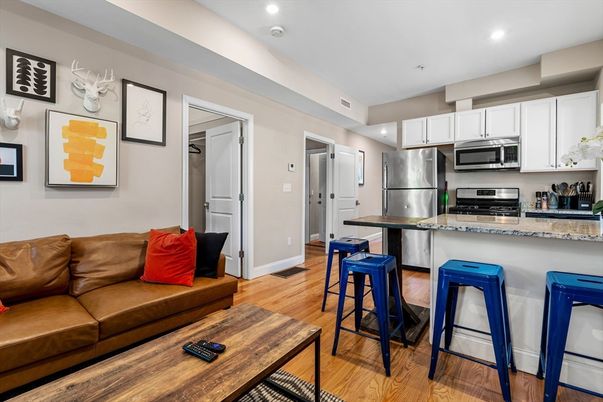 Interior, Kitchen, Living room, Recessed Lighting, Stainless Steel Appliances, Wood Texture Flooring