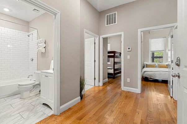 Bathroom, Bedroom, Interior, Marble, Recessed Lighting, Wood Texture Flooring