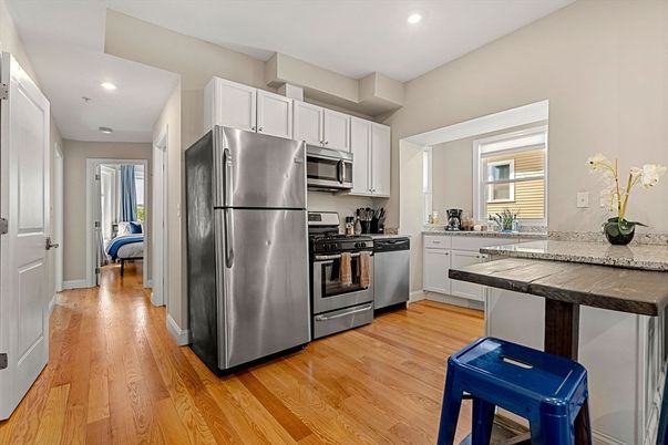 Interior, Kitchen, Recessed Lighting, Stainless Steel Appliances, Wood Texture Flooring