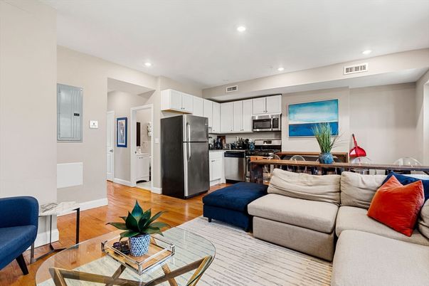 Dining room, Interior, Kitchen, Living room, Recessed Lighting, Stainless Steel Appliances, Wood Texture Flooring