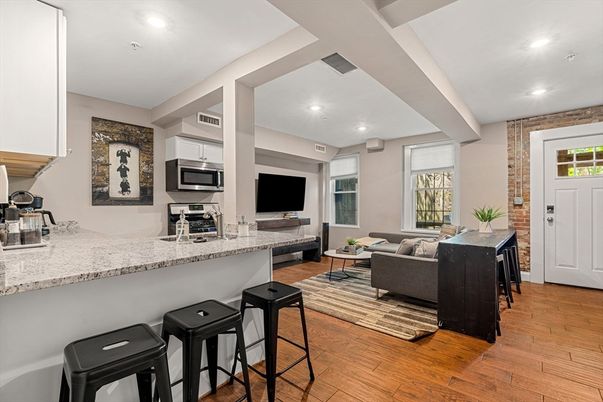 Interior, Living room, Recessed Lighting, Stone Walls, Wood Texture Flooring