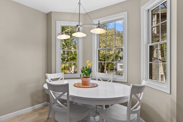 Dining room, Interior, Pendant Lights, Wood Texture Flooring