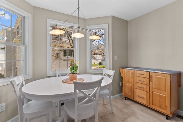 Dining room, Interior, Pendant Lights, Wood Texture Flooring
