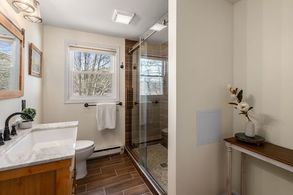 Bathroom, Glass Shower, Interior, Wood Texture Flooring