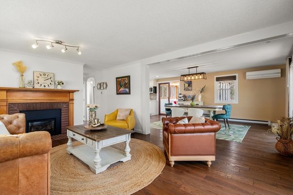 Dining room, Fireplace, Interior, Living room, Pendant Lights, Wood Texture Flooring