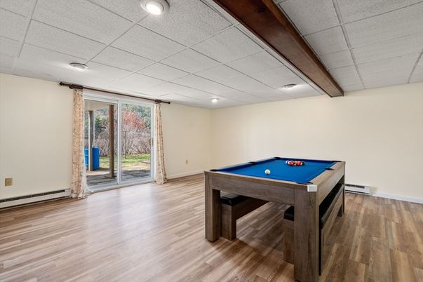 Billiard Table, Game Room, Interior, Recessed Lighting, Wooden Beams, Wood Texture Flooring