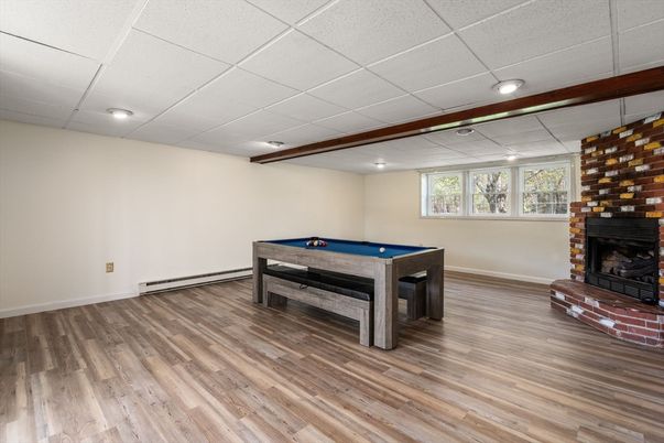 Billiard Table, Fireplace, Game Room, Interior, Recessed Lighting, Wood Texture Flooring