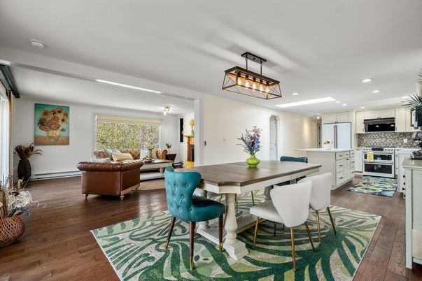 Dining room, Interior, Kitchen, Living room, Pendant Lights, Recessed Lighting, Stainless Steel Appliances, Wood Texture Flooring