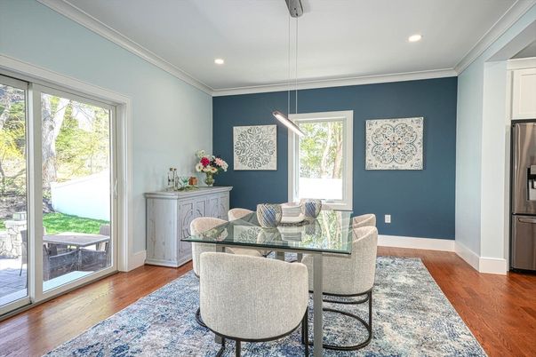 Dining room, Interior, Pendant Lights, Recessed Lighting, Wood Texture Flooring