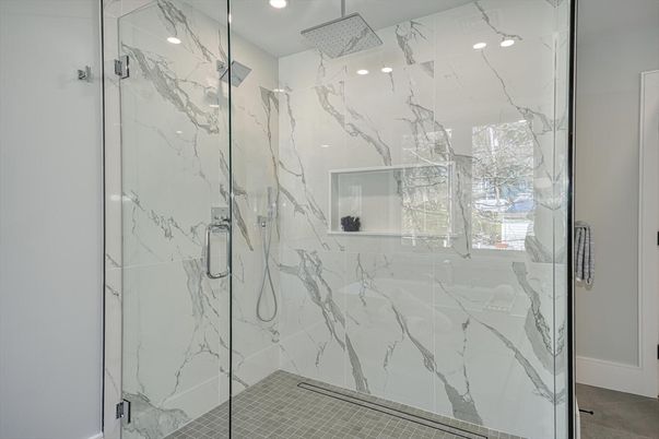 Bathroom, Glass Shower, Interior, Marble Walls, Recessed Lighting