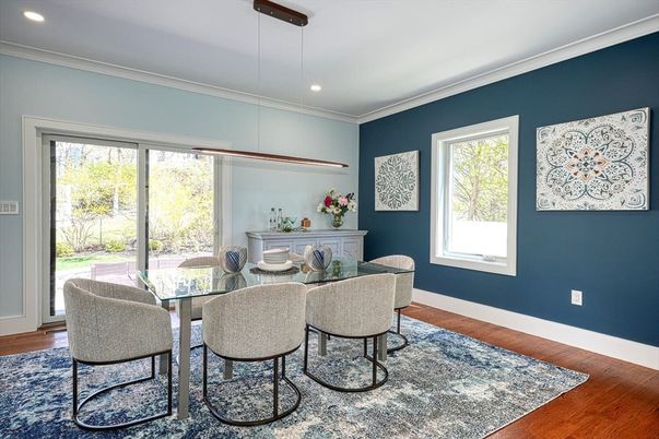 Dining room, Interior, Pendant Lights, Recessed Lighting, Wood Texture Flooring