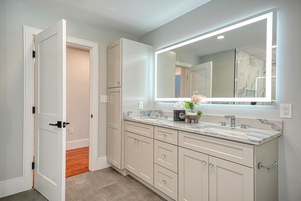 Bathroom, Dual Sink Vanities, Interior, Recessed Lighting, Wood Texture Flooring
