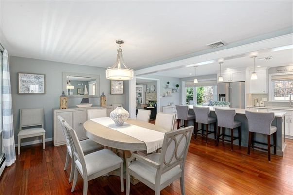 Dining room, Interior, Kitchen, Pendant Lights, Wood Texture Flooring