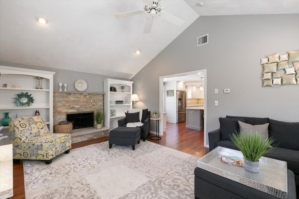 Fireplace, Interior, Kitchen, Living room, Recessed Lighting, Stone Walls, Wood Texture Flooring