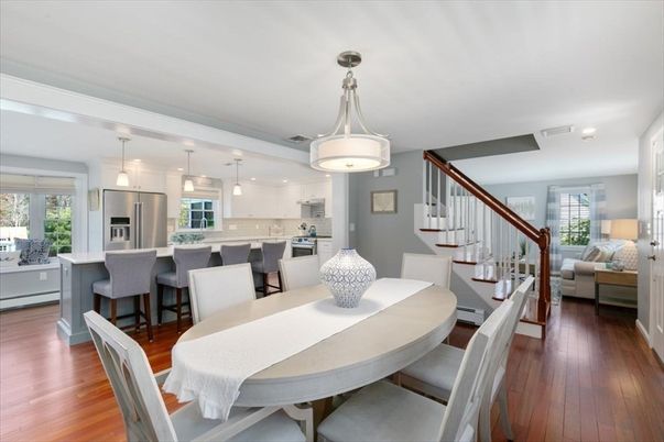 Dining room, Interior, Kitchen, Living room, Pendant Lights, Recessed Lighting, Stainless Steel Appliances, Wood Texture Flooring