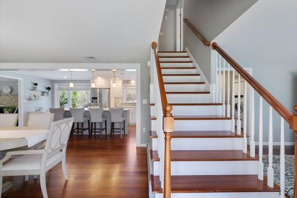 Dining room, Interior, Kitchen, Pendant Lights, Stainless Steel Appliances, Wood Texture Flooring