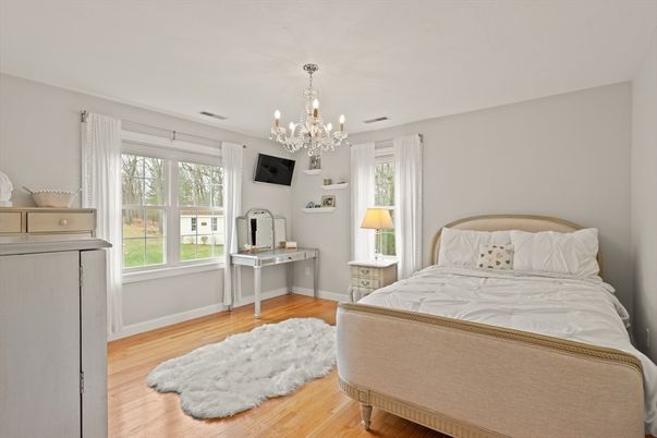 Bedroom, Chandelier, Interior, Wood Texture Flooring