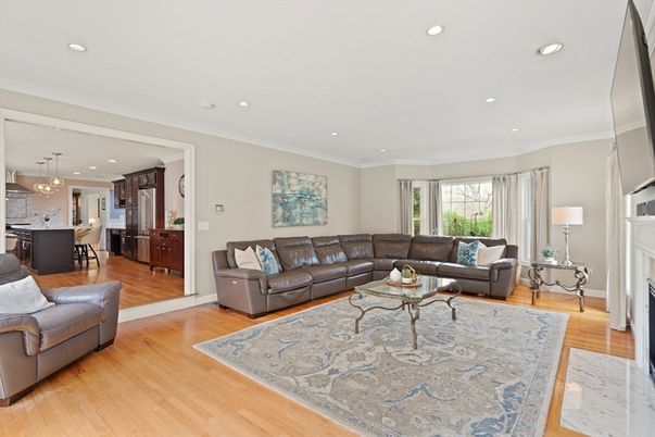 Dining room, Fireplace, Interior, Kitchen, Living room, Pendant Lights, Recessed Lighting, Wood Texture Flooring