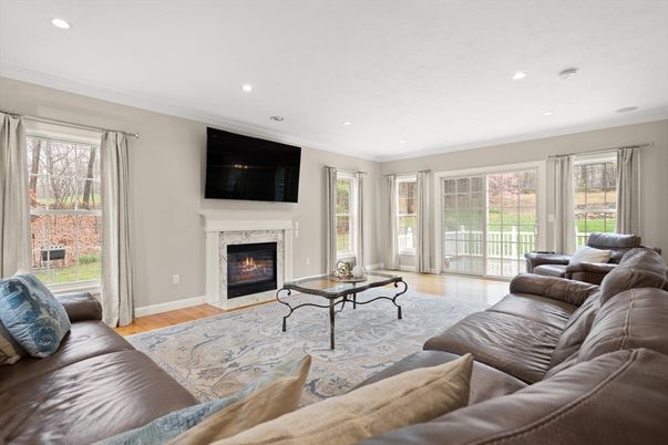 Fireplace, Interior, Living room, Recessed Lighting, Wood Texture Flooring