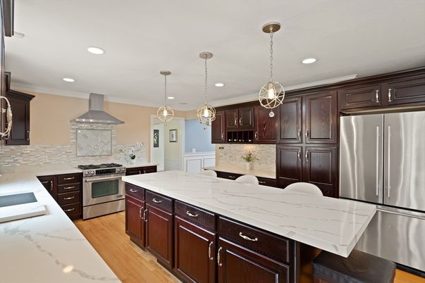 Interior, Kitchen, Pendant Lights, Recessed Lighting, Stainless Steel Appliances, Wood Texture Flooring